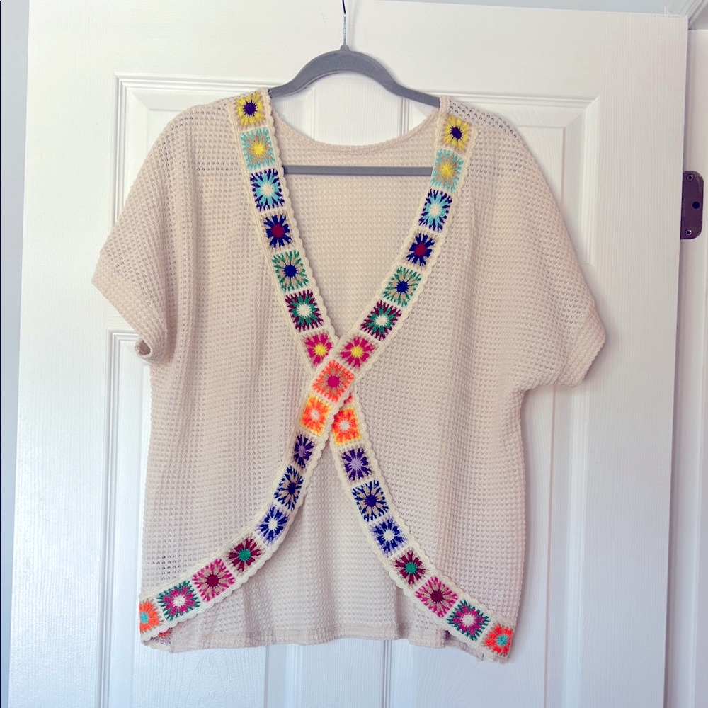 Colorful Crochet Trim Beige Top